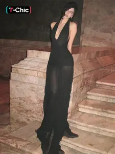 Women's Solid Color Backless Halter Neck Tulle Dress Gowns, Elegant Lady Fashion Deep V Neck Sleeveless Formal Dress for Party Club Dating Wear, Women Dress for Summer