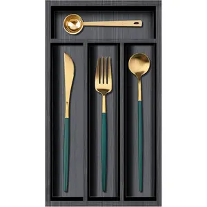 Narrow 12"x6.7" Black Wooden Bamboo Cutlery Tray, Silverware Flatware Organizer, Kitchen Utensil Storage Holder Drawer Divider for Drawer Storage