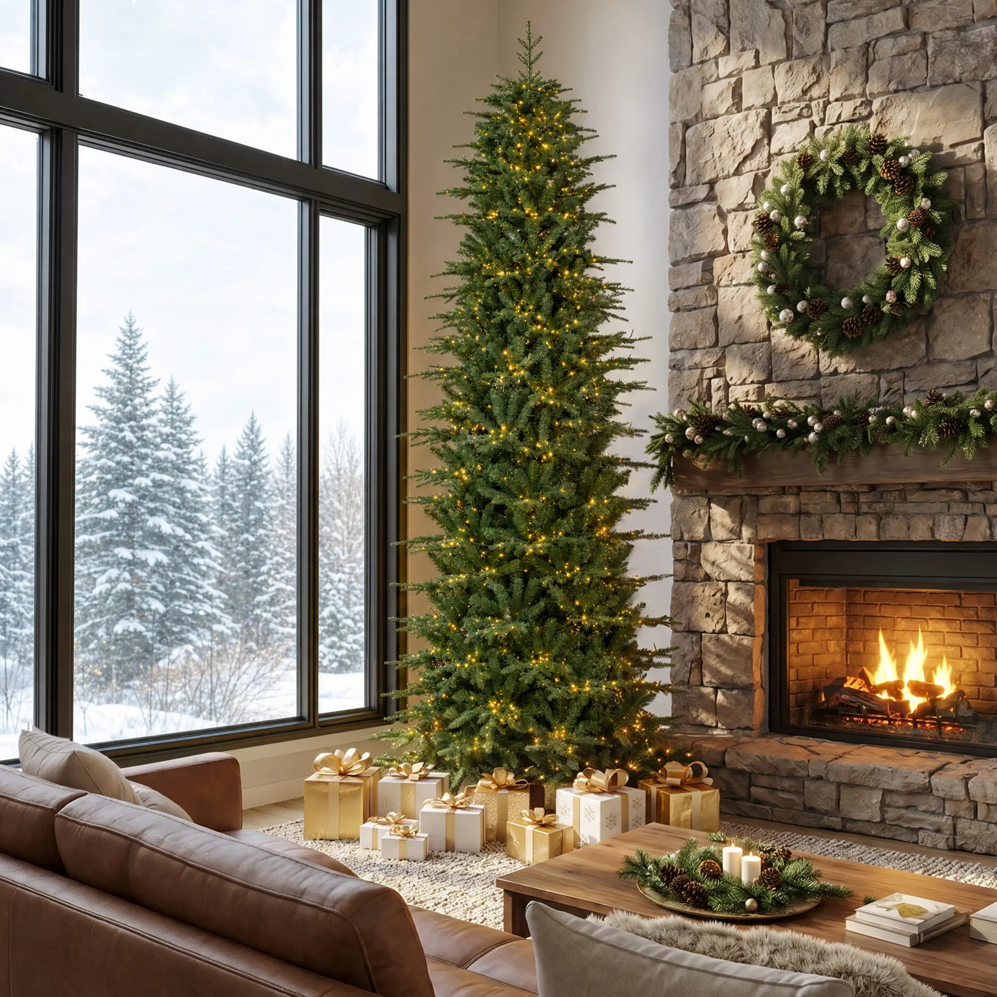 Glitzhome 6ft/7.5ft/9ft/11ft Pre-Lit Green Slim Fir Artificial Christmas Tree with Warm White & Multi-Color Flashing LED Lights, 9 Function Foot Pedal Remote Control