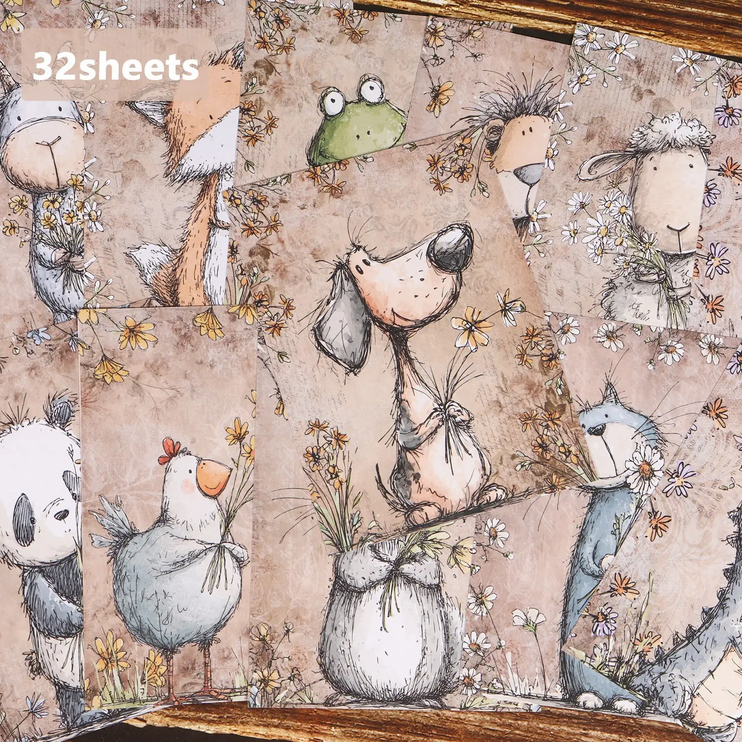32sheets Vintage Meadow Flower Animals DIY Decoupage Art Craft Paper, with Sheep, Dog, Monkey, for Junk Journals, Craft Albums, Scrapbooking Supplies, Scrapbook Materials, Notebook Covers, Handmade Waste Diary, Collage Decoration, Diary Accessories