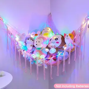 Stuffed Animals Net or Hammock with LED Light, Hanging Stuffed Animals Storage Toy Hammock Net Corner Wall Girls Room Decor Toy Storage Organizer, Black, L