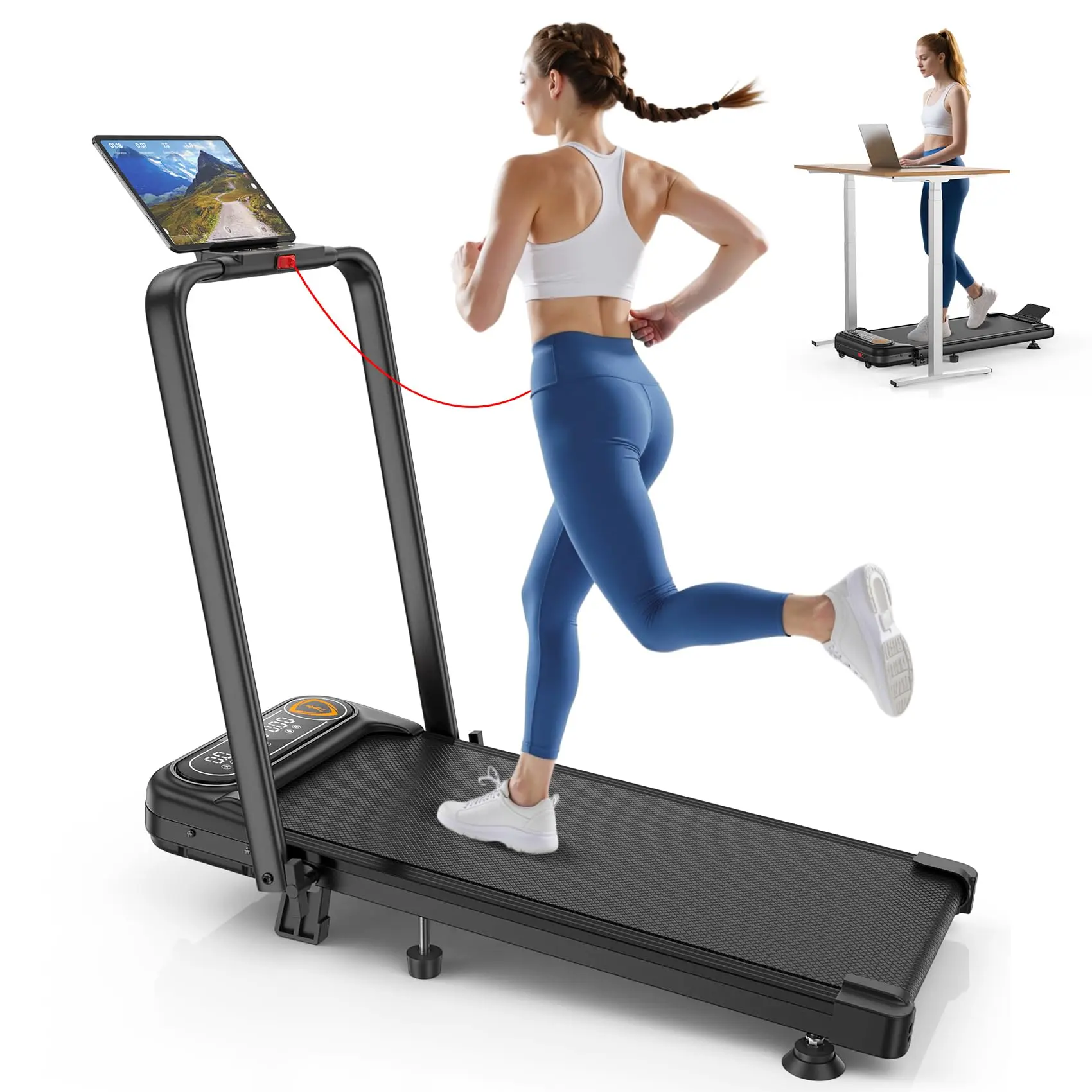 Trisomy-380GM Foldable Treadmill with 10% Incline, 350Lbs Capacity, Upgrade 3.5HP Low Noise Walking Pad Treadmill with Handle Bar, 4 in 1 Portable Under Desk Treadmills for Home/Office, APP