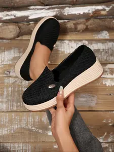 Women's Plaid Round Toe PU Leather Slip On Loafers, Breathable Wedge Ankle Strap Shoes, Casual Spring & Fall Fashion Flatform Platforms