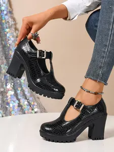 Women's New Chunky Heel Anti-Slip Round Toe Crocodile Pattern Buckle Closed Classy Business High Heels, PU Leather, Rubber Sole, All Seasons