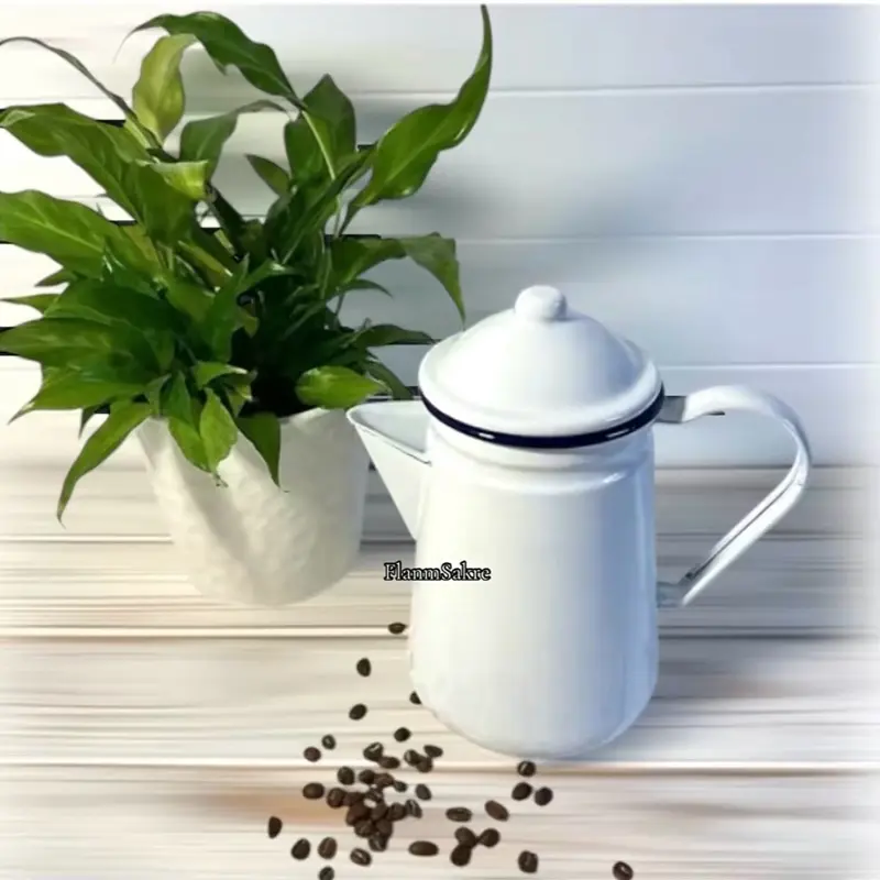 Traditional White Enamel Coffee & Tea Pot | Black Rim | Multipurpose Enamelware
