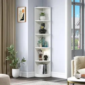 5-Tier Corner Shelf - 70.8" Tall Modern Free-Standing Corner Bookshelf with 5 Shelves. Wooden Open Storage Bookcase for Display and Organization in Living Room or Home Office, White.