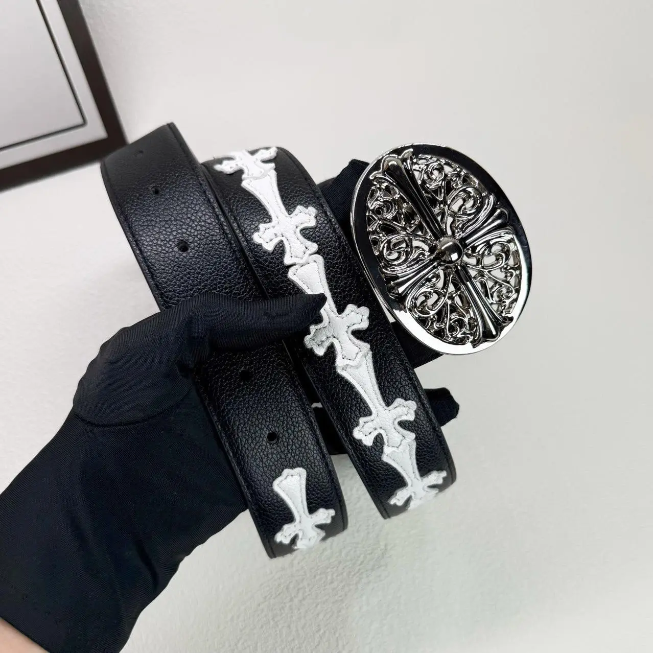 Chrome Hearts Style Y2K Cross Leather Belt, Gothic Punk Oval Buckle Waistband for Men Women, Vintage Streetwear Belt