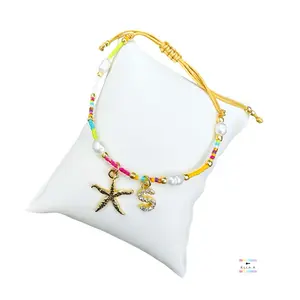 Boho Beach Bracelet / Starfish Custom Initial Freshwater Pearl Slide Bracelet / Boho Beaded Slide Bracelet / Colorful Seed Bead Nylon Bracelet / Summer Bracelet