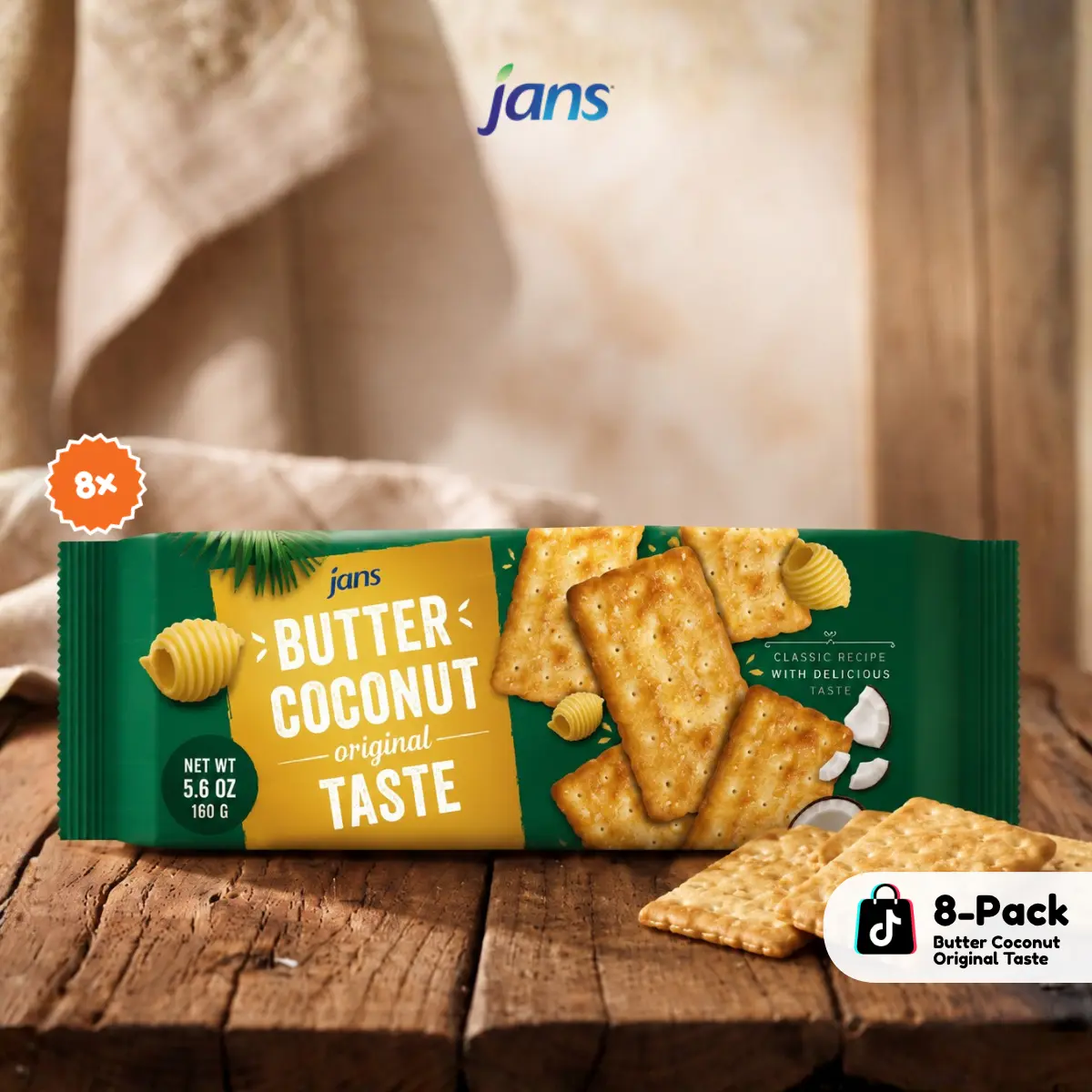 Jans Butter Coconut Crackers Original Taste (Foil) 6.7 oz, Butter Coconut Crackers 8-Pack, Classic Recipe With Delicious Taste