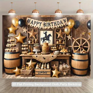 2D Flat Western Theme Birthday Banner (1PC) - Rustic Brown/Gold, Cowboy & Dessert Elements, Lightweight Polyester Tapestry, Adhesive Strips for Easy Setup, Power-Free Indoor/Outdoor Party Decoration Supplies, Ideal for Wedding Planners