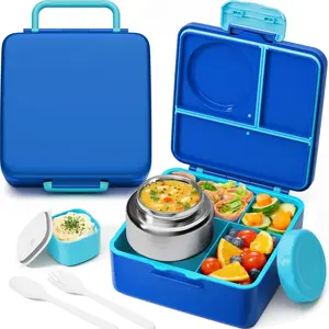 Bento Lunch Box with Leak Proof 8oz Soup Thermos, 60oz Lunch Container with Insulated Food Jar, 3-4 Compartments, Sauce Jar & Utensils for Kids Adult Teens Toddlers, BPA-Free, Dishwasher Safe
