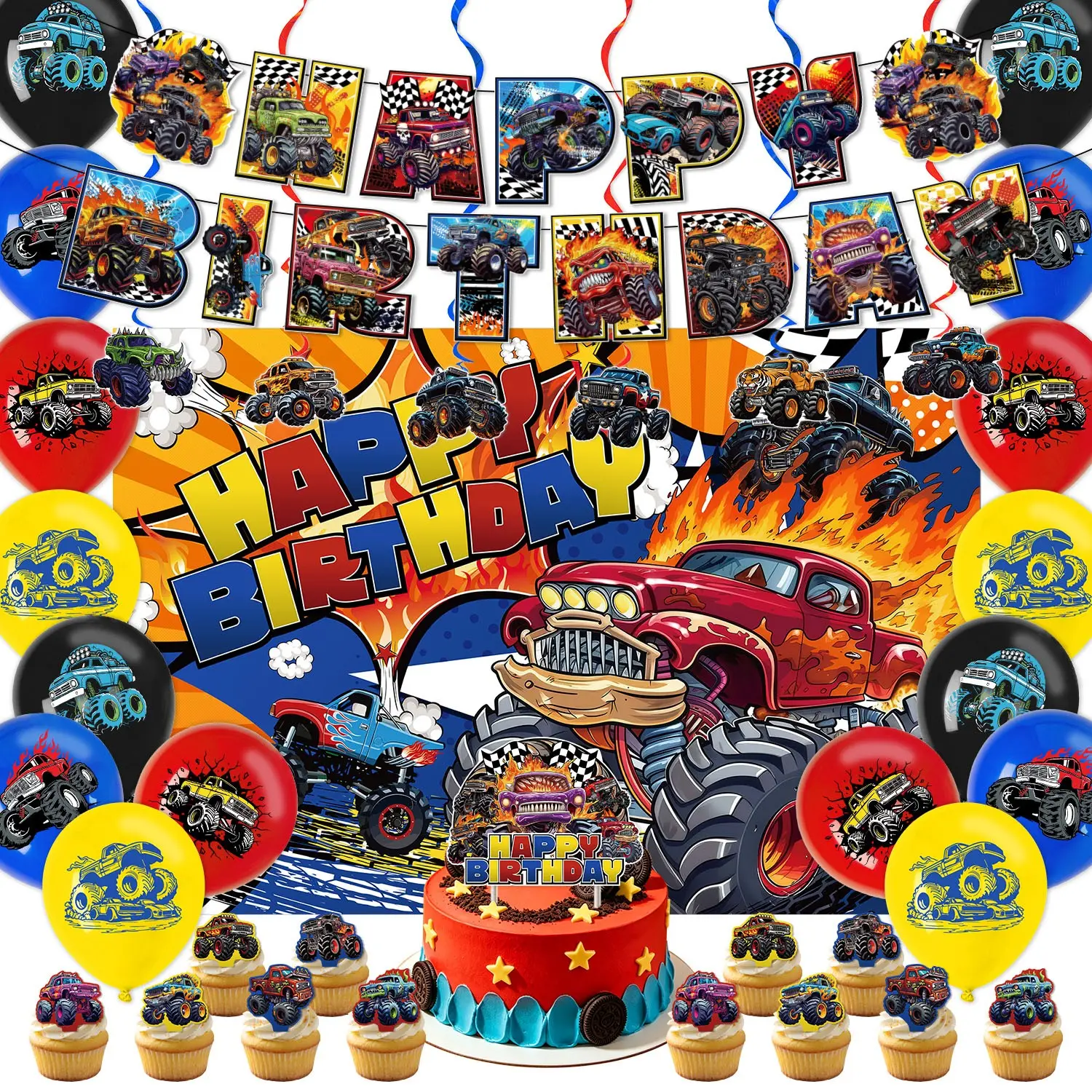 37-Piece Big Truck Theme Birthday Party Decoration Set, Includes Big Truck Paper Banner, Spiral Decor, Cake Toppers, Balloons, Backdrop Perfect For Big Truck Party Supplies, Birthday Party Kit