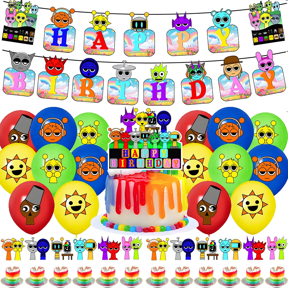 Incredibox Sprunki Theme Decorations Banner Cupcake Topper Set Balloon Boys Girls Kids Adult Birthday  Party