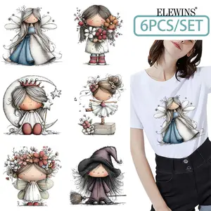 6 pieces of whimsical doll gold foil heat transfers, DTF heat transfer gold foil. Perfect for T-shirts, hoodies, jeans, backpacks, and pillows, this washable plastic transfer paper is suitable for both men and women, Accessories