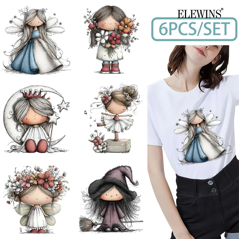6 pieces of whimsical doll gold foil heat transfers, DTF heat transfer gold foil, perfect for T-shirts, hoodies, jeans, backpacks, and pillows, this washable plastic transfer paper, Accessories, DIY Decoration Set, Diy craft supplies