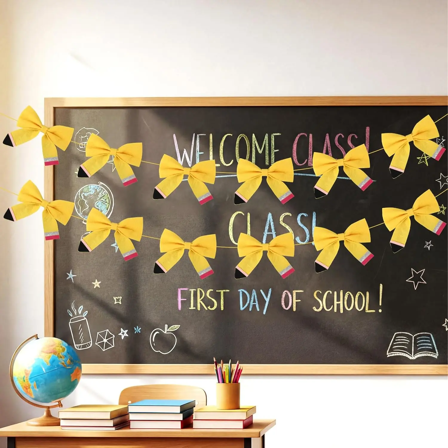 Back to School Classroom Decor Pencil Bow Felt Banner for Wall Door Chalkboard Whiteboard Bulletin Board Decor First Day of School Teachers Office Preschool Kindergarten Elementary Toddlers Homeschool Classroom Setup Hanging Garland Banners Photo Props