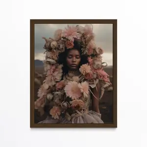 Black Woman Floral Crown Wall Art – Boho African American Portrait Poster, Modern Black Girl Print, Room Decor, Unframed
