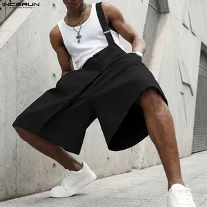 INCERUN Menswear Men's Sleeveless Plain Grunge Streetwear Aesthetic Strap Overalls - Casual Drop-Crotch Fit Suspender Shorts