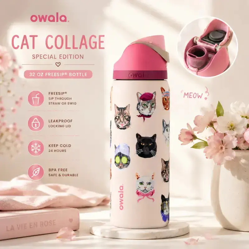 Owala FreeSip Cat Collage Limited Edition Water Bottle – Pastel Pink Cute Cat Print