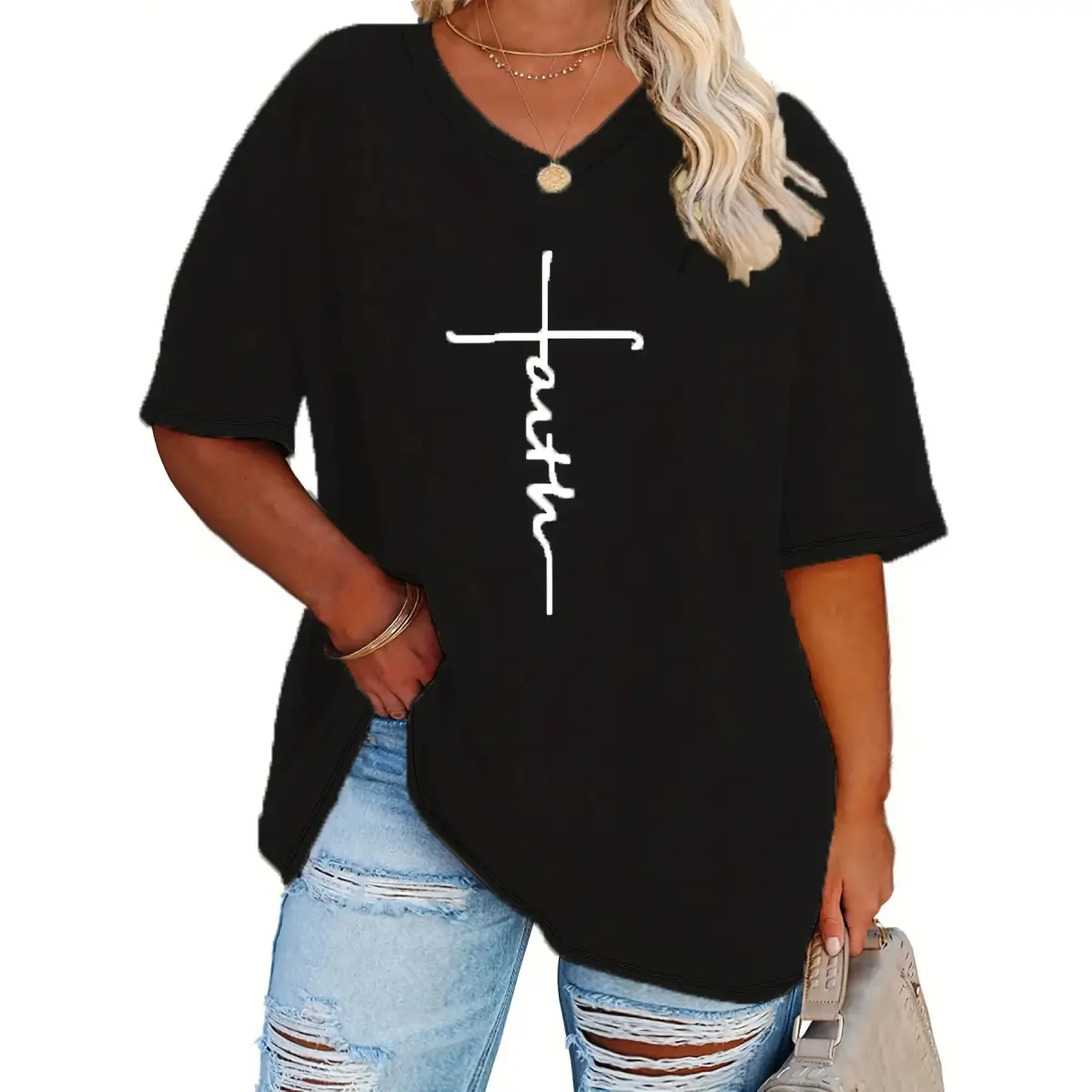Women's Plus Size Cotton-Spandex Crew Neck Short Sleeve Basic Casual Solid Graphic T-Shirt - Slimming Fit, Leather Accents, Seamless Print Fabric Top for Denim, Skirt Outfits