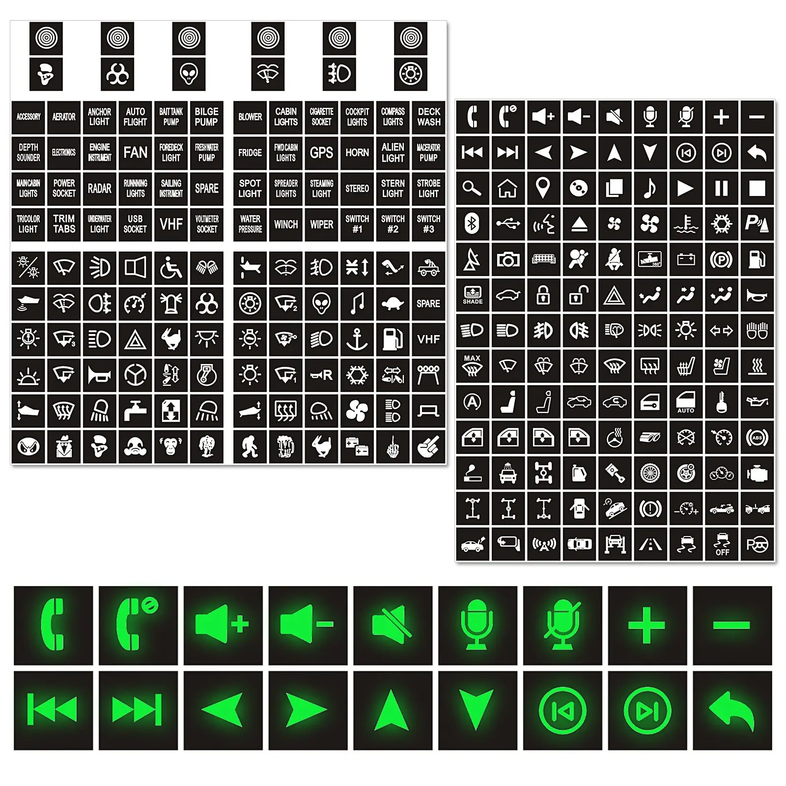 Nilight 249PCS Glow in the Dark Rocker Switch Panel Stickers - Self-Adhesive Dustproof Stick, DIY Luminous Pattern Text Labels, Lightweight Strong Automotive Decoration Auto Replacement Parts with Simple Icons for Car Interior Dashboard, Dark Toggles, Car