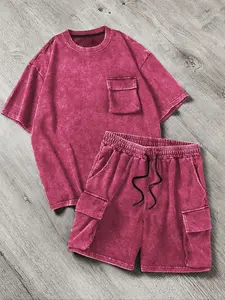 Men's Washed Vintage Cotton Short Sets 2 Piece Outfits Casual Summer Short Sleeve Tracksuits Clothes