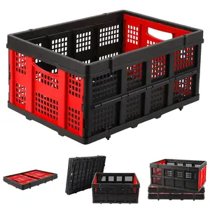 Collapsible Milk Crate, 14.5 Gallon Stackable Heavy Duty Plastic Storage Crate with Handle Folding Storage Busket Foldable Bin for Home Office Farm, Red