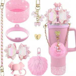 Cup Accessories for Stanley 30oz -40oz Tumbler Straw Topper Cover Water Bottle Handle Strap Cup Boot Bow Decorate Charm Chain(no Tumbler Staanley ,only 8 pieces accesories), for Stanley Sturdy -Cup