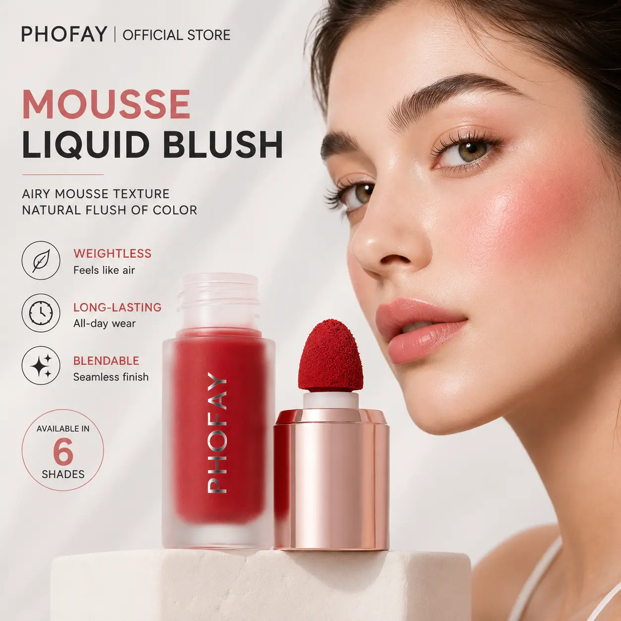 PHOFAY Mousse Liquid Blush，Soft Matte Cheek Tint Makeup for Women， Long Lasting Non Fading Formula with Lightweight Non Greasy Texture | Natural Looking Flush Color & Buildable Coverage | Easy Blend Creamy Mousse Texture | Sponge Applicator Included