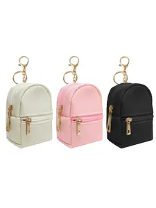 3 Counts Mini Backpack Keychain,Cute Cosmetic Bag for Women,PU Leather Makeup Bag Key Pocket Lipstick Bag Card Holder Data Cable Organizer Zipper Pouch (black beige pink gray)