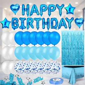 Blue Birthday Party Decorations Happy Birthday Banner Sky Blue Fringe Curtain Foil Tablecloth Heart Star Confetti Balloons Table Confetti for Birthday Party Backdrop Decor