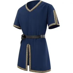 PASLTER Mens Medieval Pirate Tunic Renaissance Viking Knight Costume Linen Short Sleeve LARP Halloween Tops Menswear Clothing