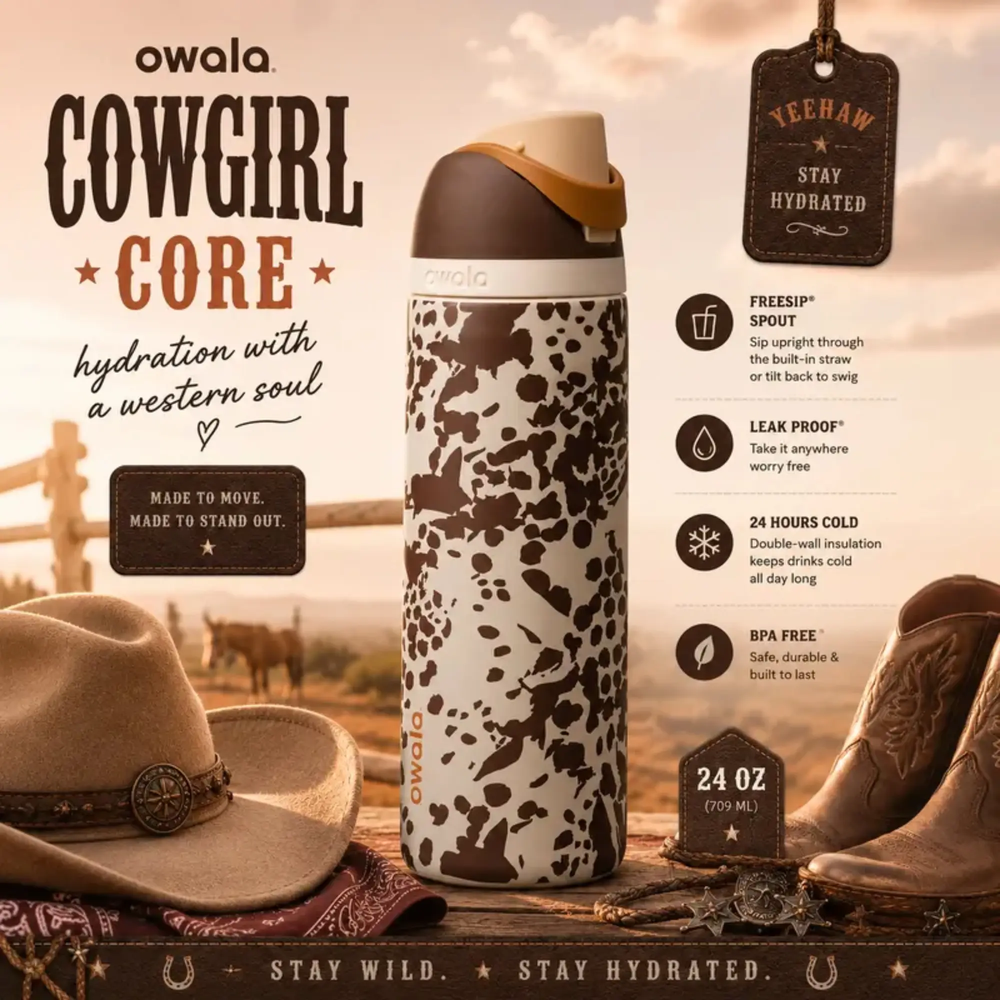 Owala Cowgirl Core FreeSip 32oz Water Bottle Leakproof Insulated Stainless Steel Cow Print Design Gift for Her