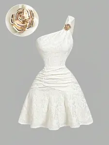Women's French Elegance One-Shoulder Cinched Waist Dress, Chic Elegant Formal Evening 3D Metal Flower Detail, Perfect for Dating and Vacation