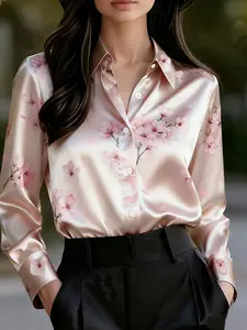 Women's Fashion Gentle Floral Print Satin Shimmer Blouse Fit, Office Date Versatile Shirt, Elegant Silk-Like Top for All Occasions