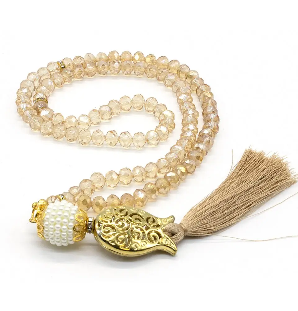 Islamic Tesbih Acrylic Crystal Cut Prayer Beads with Tulip Tassel 99 Count - Light Beige