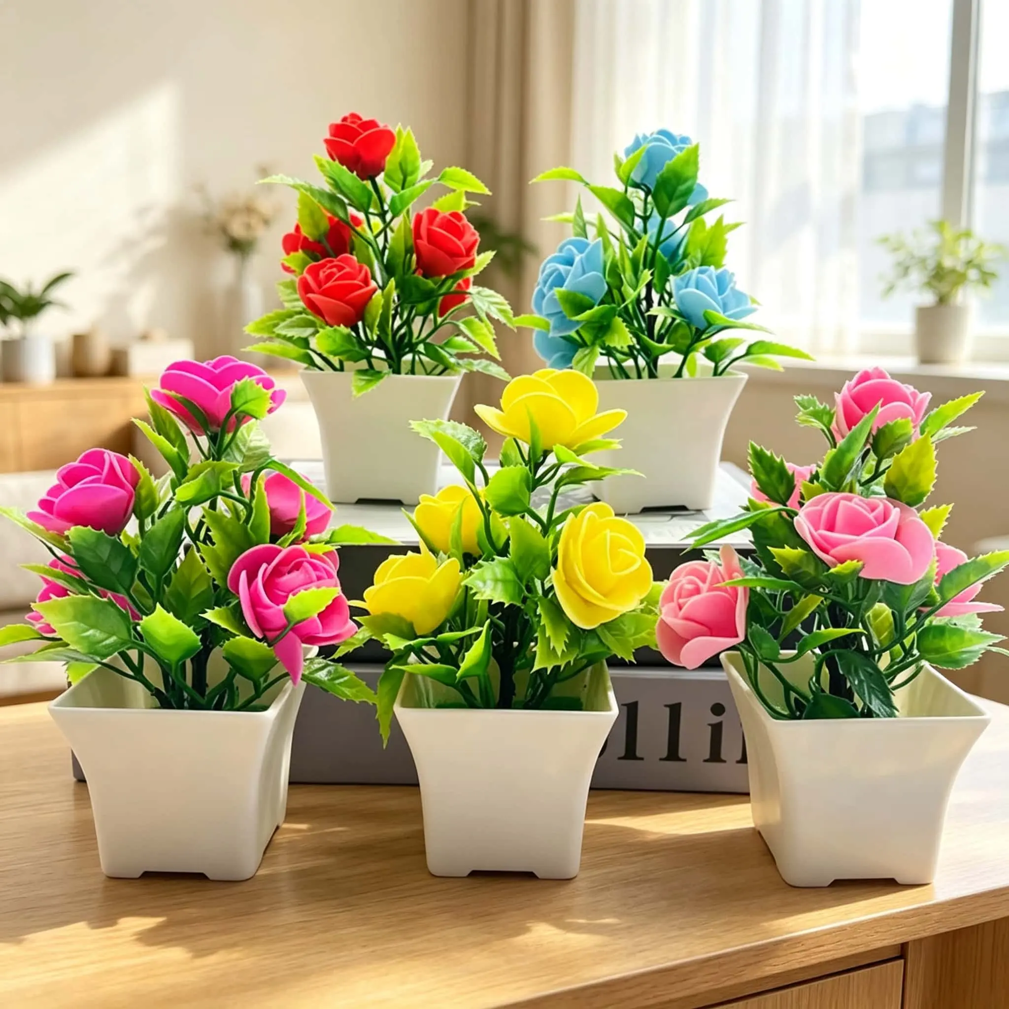 5 Pack Mini Artificial Potted Rose Flowers, Faux Plastic Fake Small Rose Buds Plants in White Square Pots for Home Bathroom Kitchen Desk Office Window Shelves Table Decoration