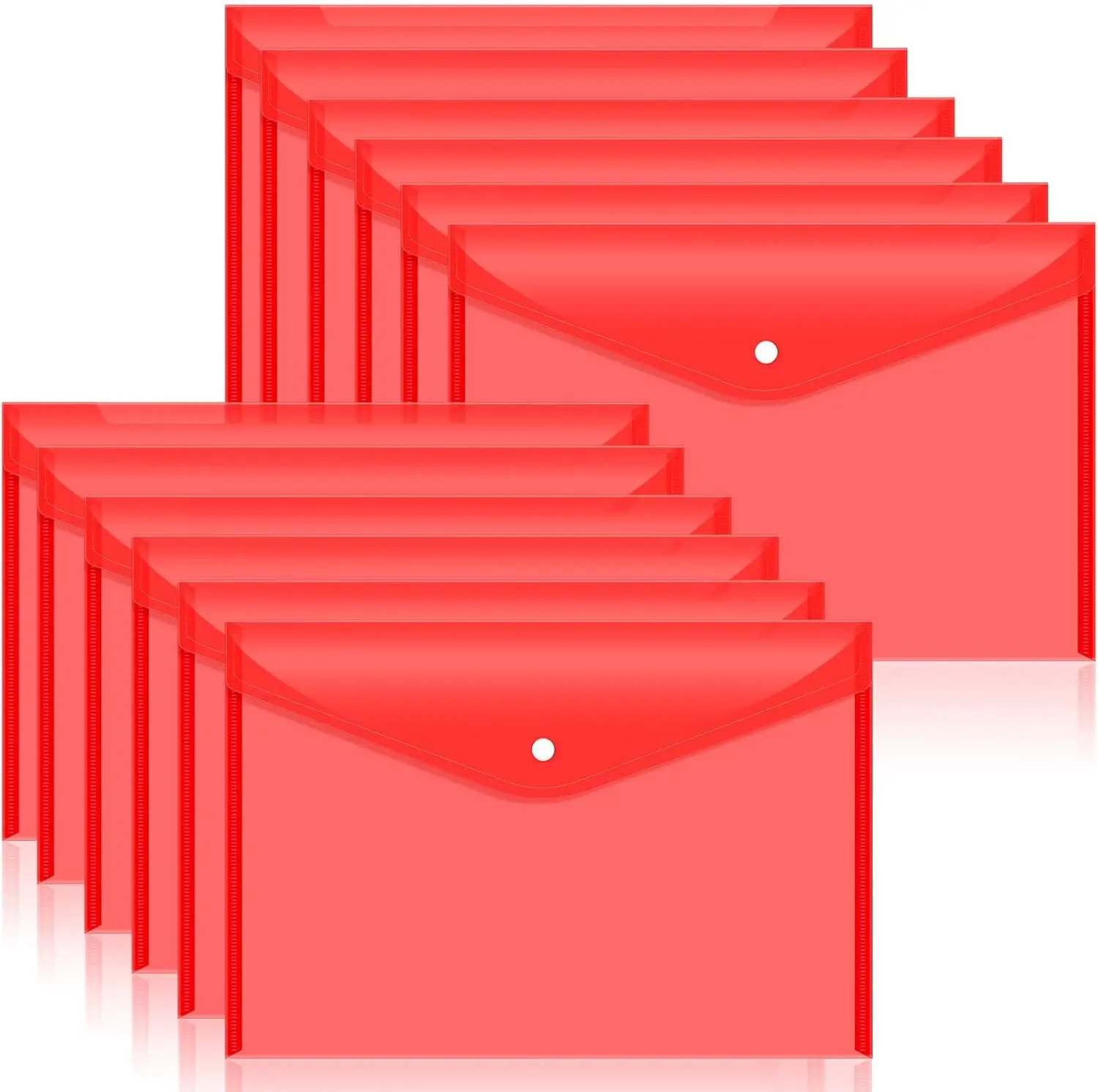 12pcs Plastic Filing Envelopes with Snap Button Closure ，Clear Document Folders for Letter A4 Size Files ，Poly Folders，for School and Office Supplies（Red）
