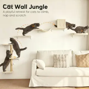 4-in-1 Wall-Mounted Cat Furniture Set, Stable and Safe Wooden Cat Wall Shelves, Wall Climbing Perch with Sisal Scratching Post, Compatible with 16 Inch Drywall Installation, Beige