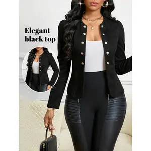 Black Button Detail Open Front Jacket Long Sleeve Fabric