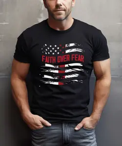 Men's Casual Graphic T-Shirt - Faith Over Fear Christian Flag Cross Design, Menswear