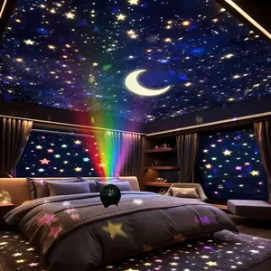 RGB Color Changing USB-Powered Star Moon Night Light Projector, Voice Control Starry Sky Ceiling Wall Lighting with Copper Finish, Low Voltage Non-Laser Bedside Cool Room Decor, Indoor Sleep Aid Glow