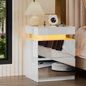 Miu Nightstand Gun Drawer with USB & Type-C Port Automatic Sensor LED Light Modern Design for Office & Bedroom Storage Includes Charging Station Magnetic Attraction Lock Stylish Bedside Table