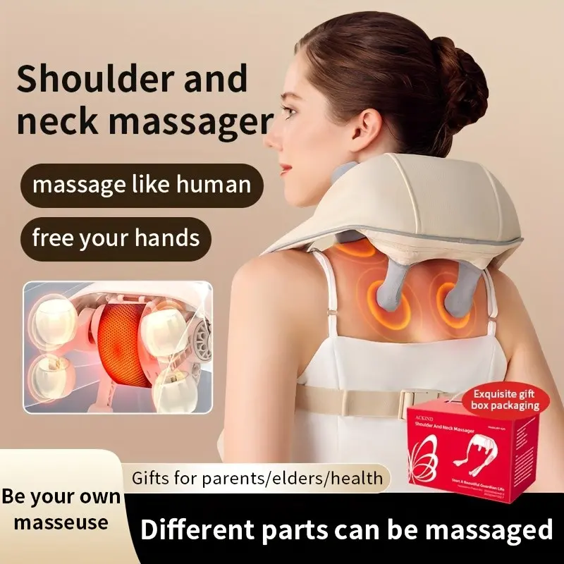 Wireless shoulder and neck massager, Massagers for neck and back pain relief, neck/shoulder/back multi-part massage, 6 massage heads, two-way kneading +hot compress, Lightweight portable home office travel, removable and washable cloth cover