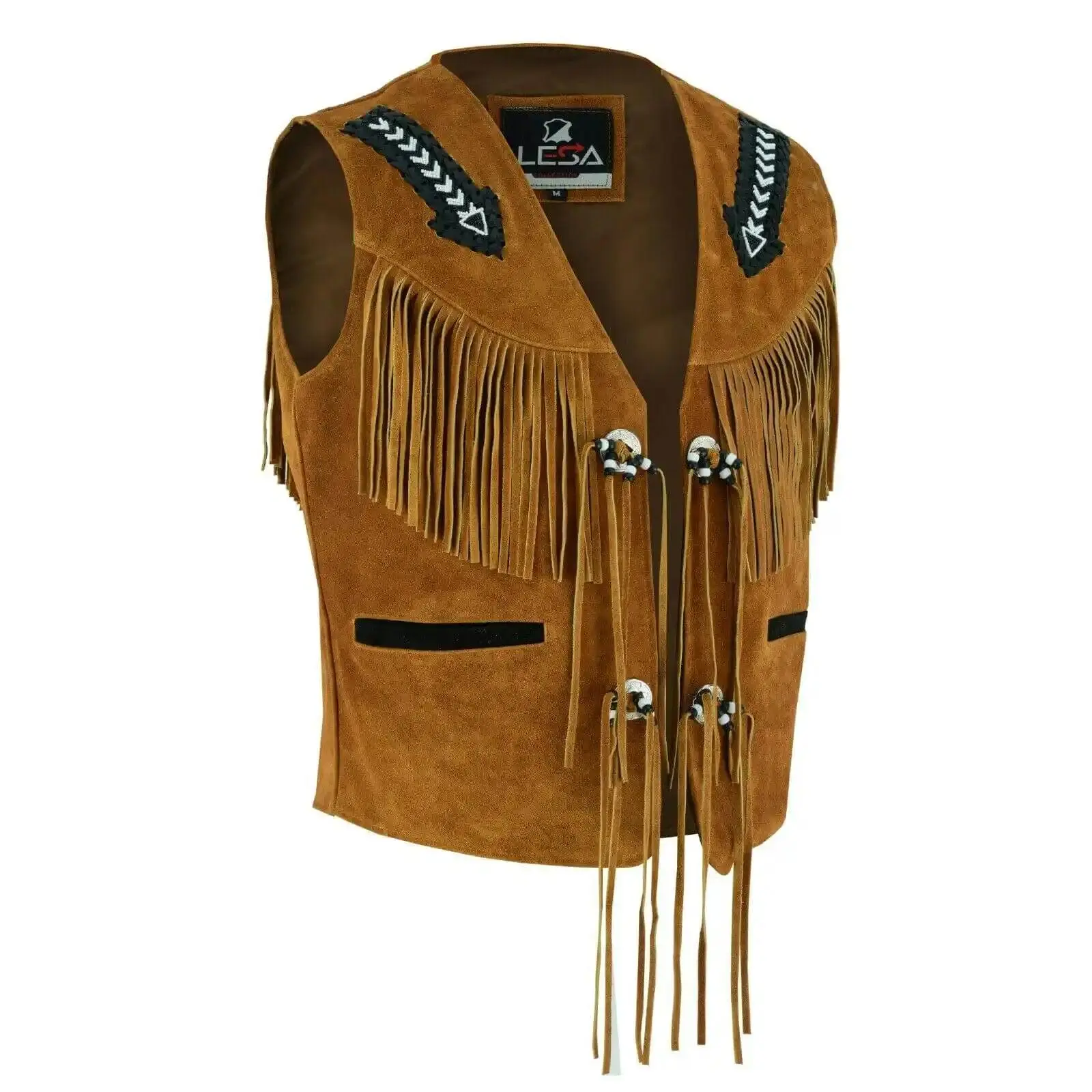 Unisex Suede Leather Fringe Vest - Western Cowboy V-Neck Vest with Long Fringe, Beaded Accents & Pockets for Men & Women