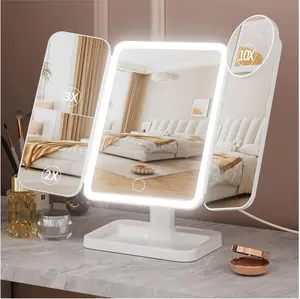 Makeup Mirror Vanity Mirror with Lights 1X 2X 3X 10X Magnification, Lighted Makeup Mirror, Touch Control, Tri-Fold Portable LED Makeup Vanity, Two Power Supply Modes, White
