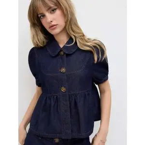 CIDER - Denim Peter Pan Collar Ruched Puff Sleeve Blouse