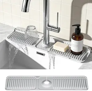 24 Inch Faucet Mat for Kitchen Sink, Silicone Splash Guard for Kitchen Sink Area, 7° Slope Fast Self-Draining Sink Mat, Cuttable Hole Design, Sink Backsplash Guard Draining Mat, Grey