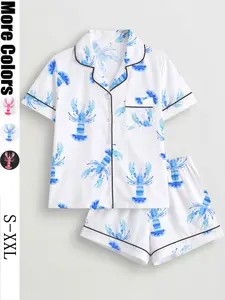 Women's Lobster Print Pajama Set, Short Sleeve Button-Up Shirt & Elastic Shorts, Casual Beach Vacation Sleepwear, Lightweight Nightwear, Loungewear Pajamas, Pjs, All Seasons