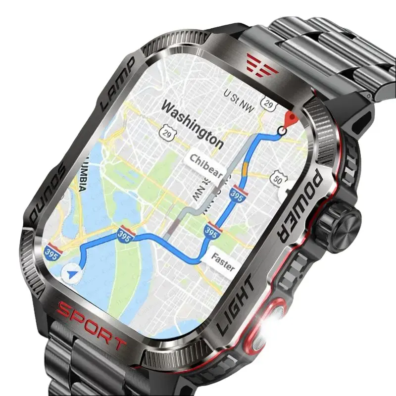 Men's Bluetooth Call Smart Watch with 2.01-inch High-Resolution Screen, GPS, Compass, Flashlight, 600mAh Battery, Waterproof Android Outdoor Sport Tracker, Voice Assistant, Titanium Magnetic Car Sunglasses Adapter, Charging, Music Support